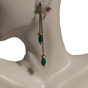 Dangle Two-toned Green Beads on Goldtone Pierced Earrings 2 1/2"